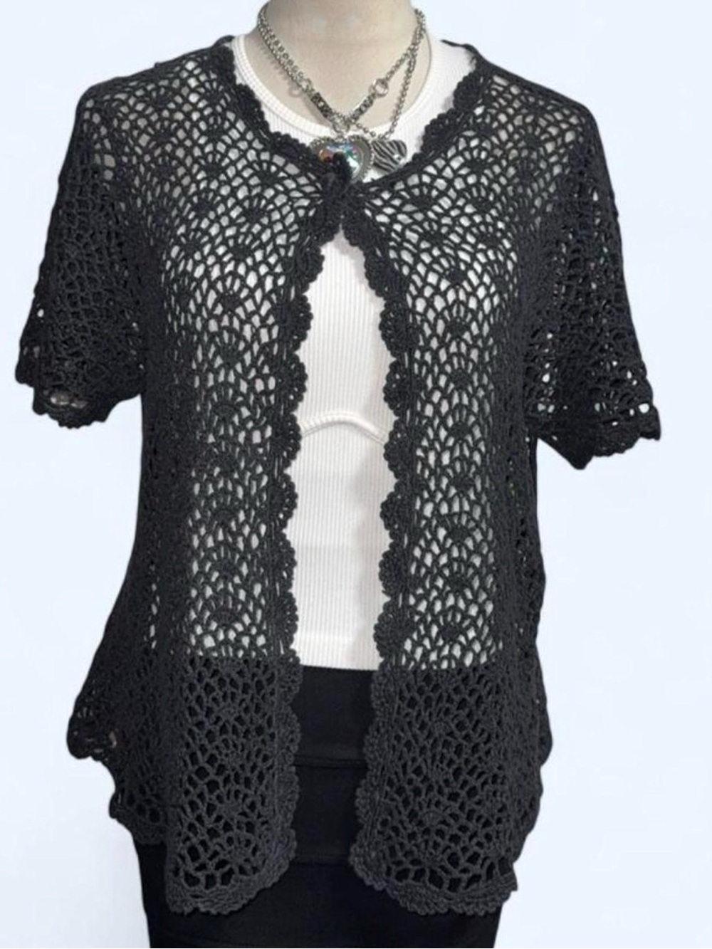 Black Crochet Open-Front Short Sleeve cardigan